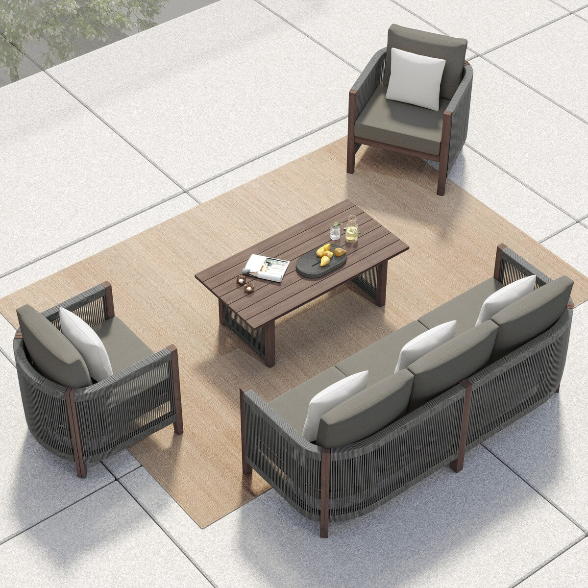 Set di divani da giardino Corvus Iona da 4 pezzi in legno di eucalipto e corda con tessuto Sunbrella