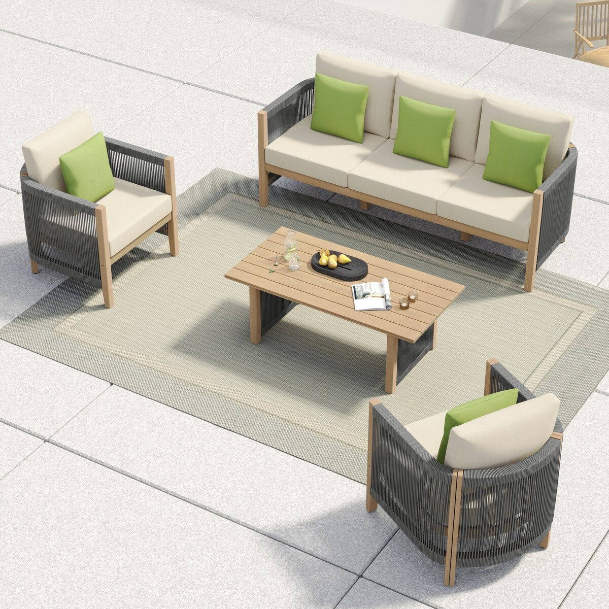 Set di divani da giardino Corvus Iona da 4 pezzi in legno di eucalipto e corda con tessuto Sunbrella