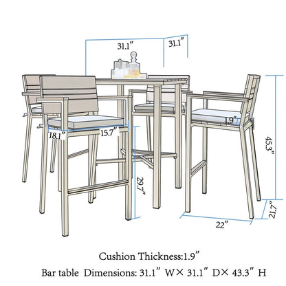 Set da bar per esterni Corvus Jasmine da 5 pezzi con cuscini Sunbrella