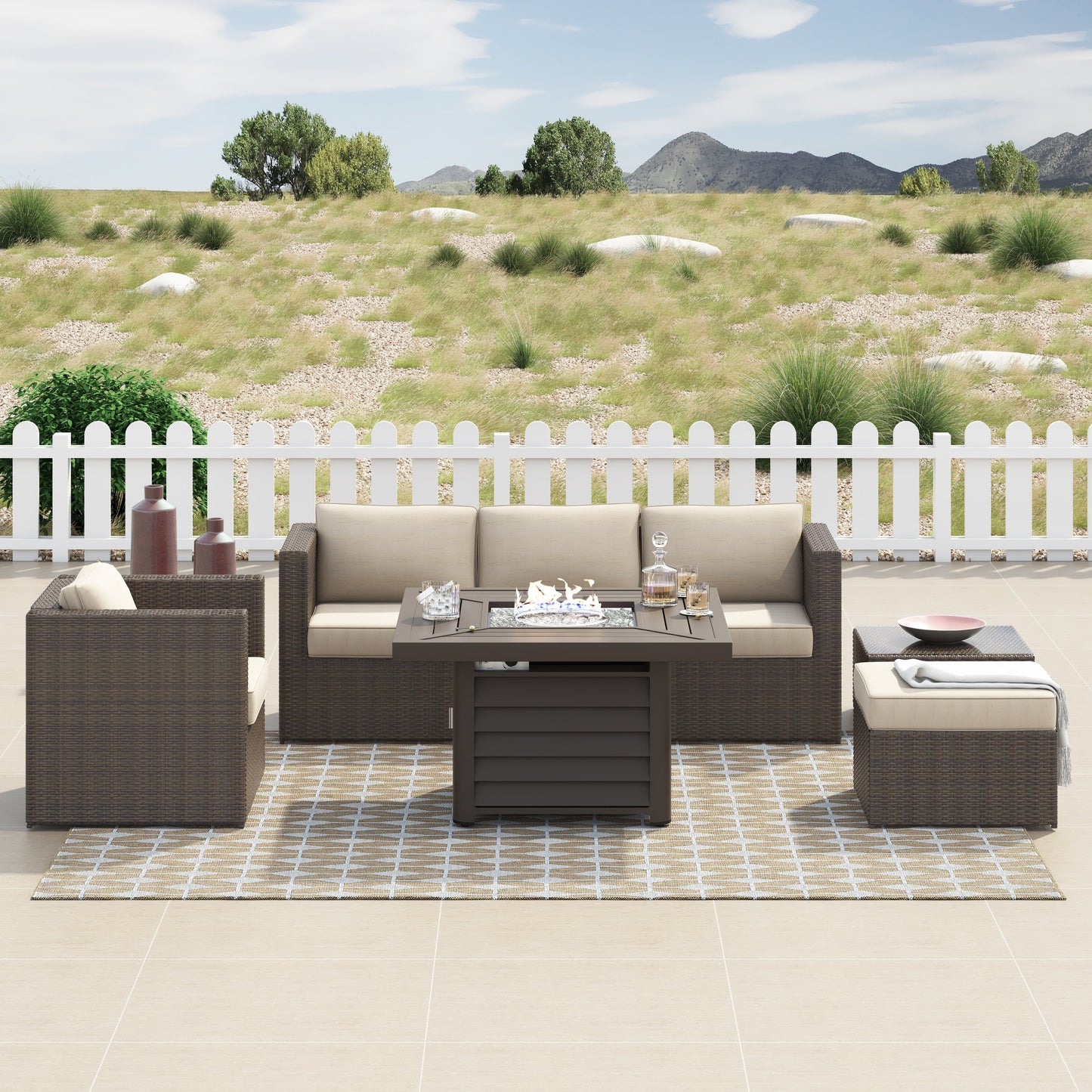 Set da 7 pezzi per braciere da conversazione in resina e vimini per patio Corvus Kipling