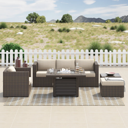 Set da 7 pezzi per braciere da conversazione in resina e vimini per patio Corvus Kipling