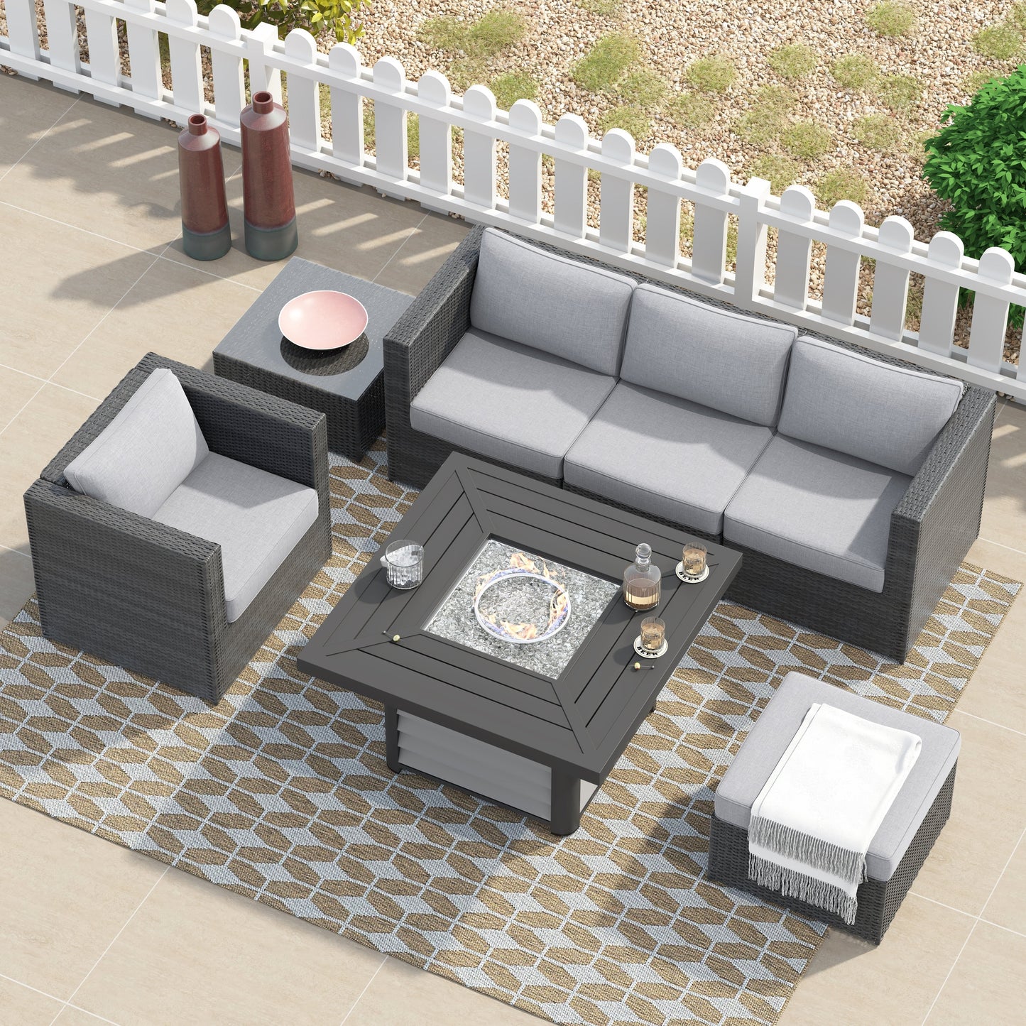 Set da 7 pezzi per braciere da conversazione in resina e vimini per patio Corvus Kipling