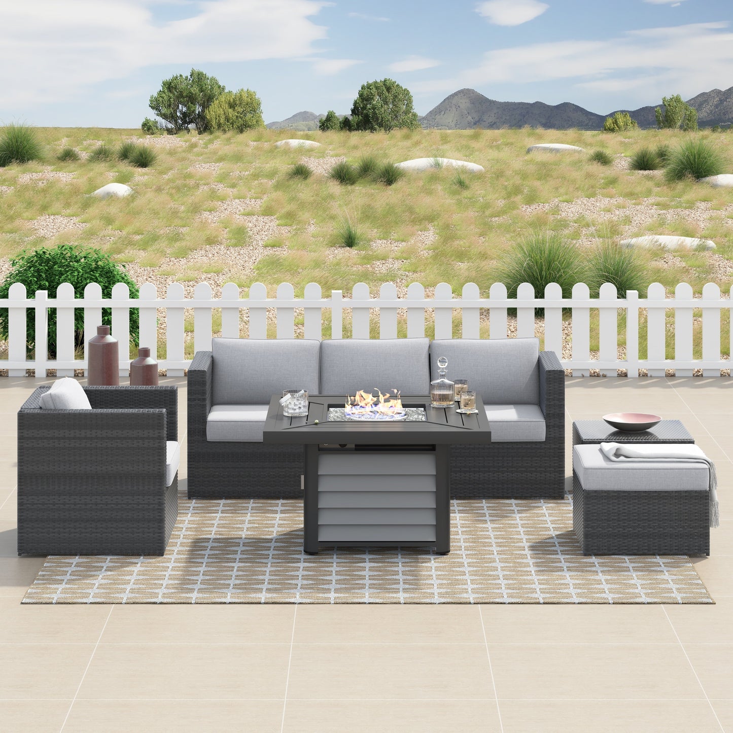 Set da 7 pezzi per braciere da conversazione in resina e vimini per patio Corvus Kipling