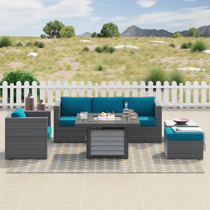 Set da 7 pezzi per braciere da conversazione in resina e vimini per patio Corvus Kipling