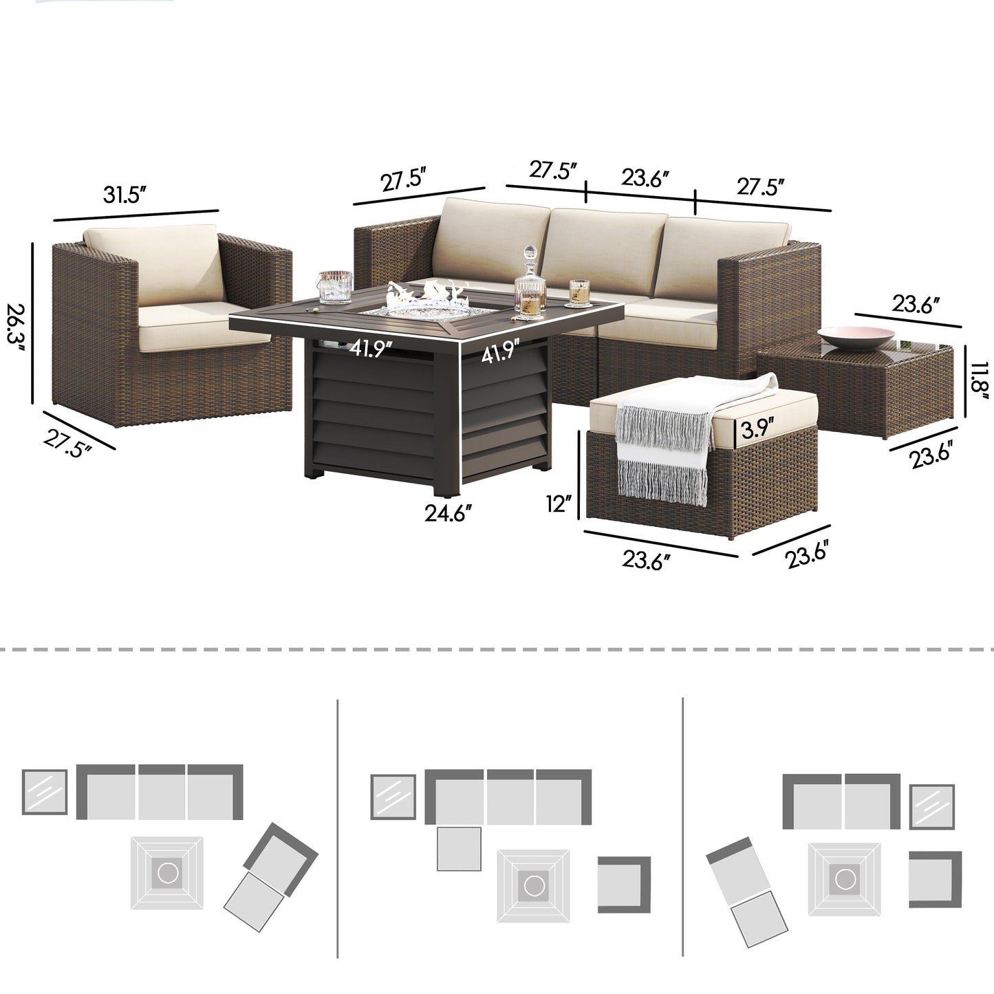 Set da 7 pezzi per braciere da conversazione in resina e vimini per patio Corvus Kipling