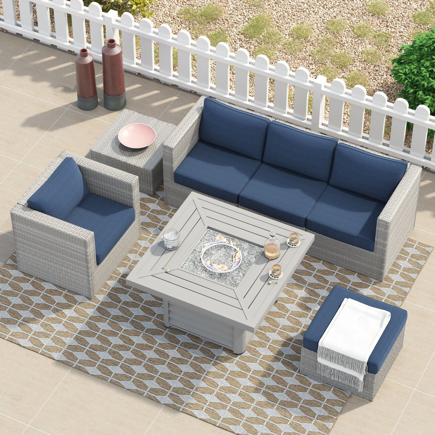 Set da 7 pezzi per braciere da conversazione in resina e vimini per patio Corvus Kipling