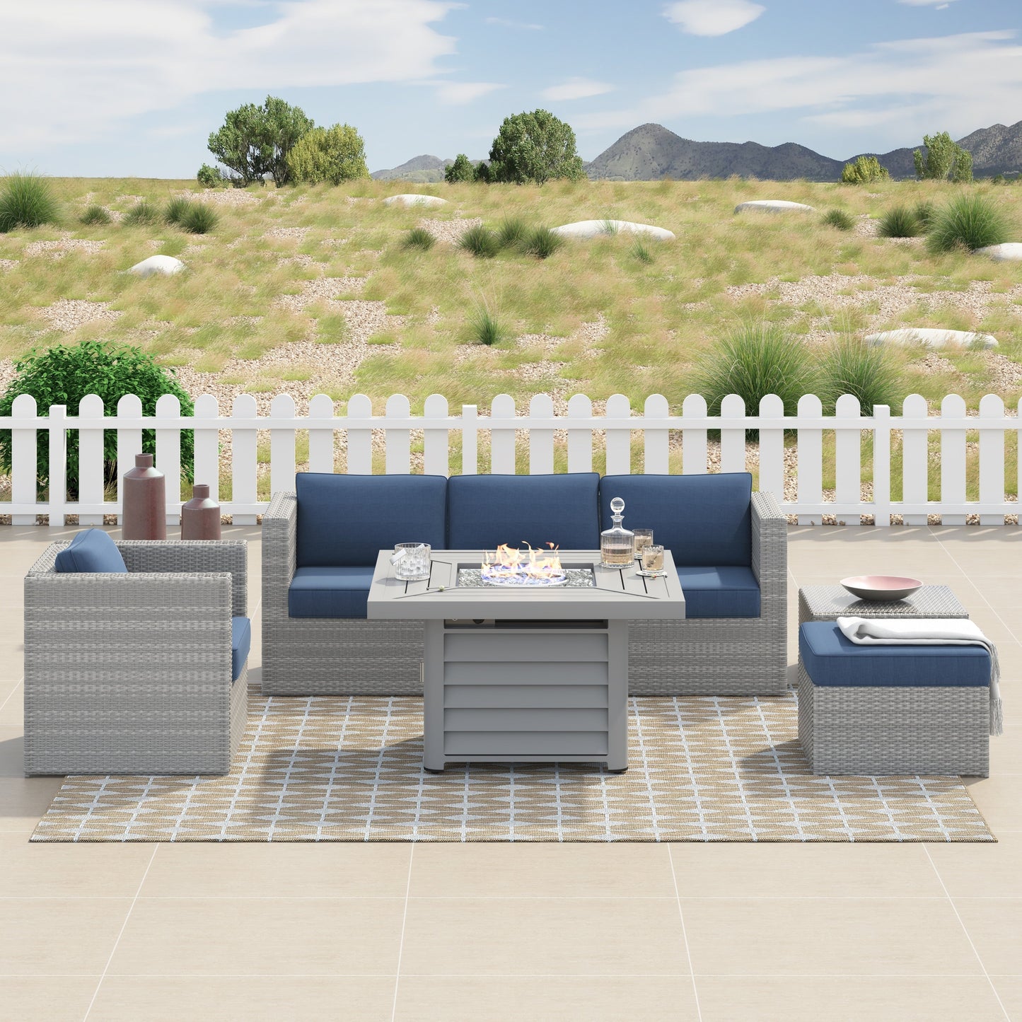 Set da 7 pezzi per braciere da conversazione in resina e vimini per patio Corvus Kipling