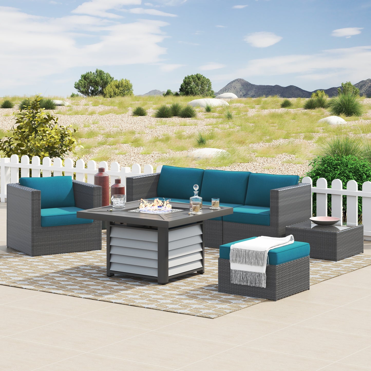 Set da 7 pezzi per braciere da conversazione in resina e vimini per patio Corvus Kipling