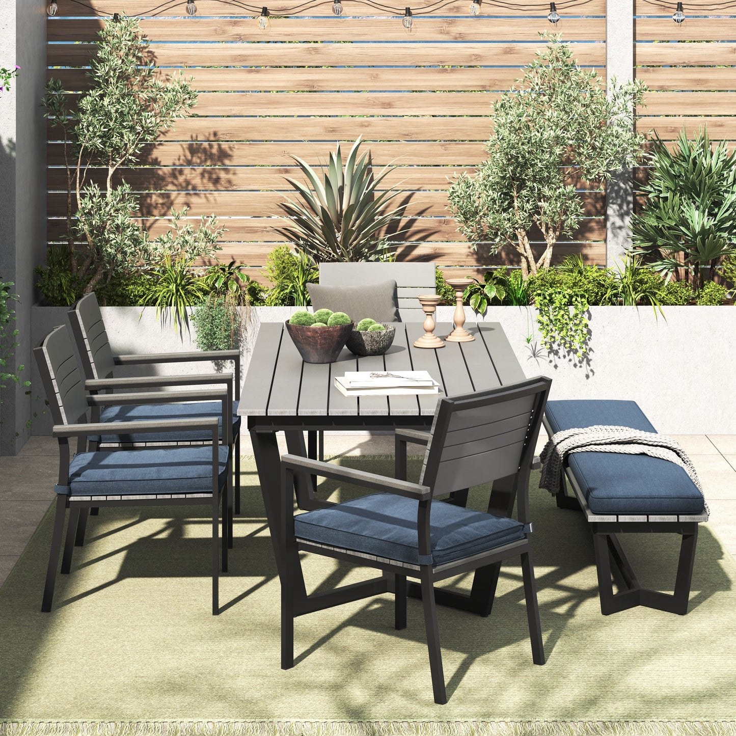 Set da pranzo per esterni Corvus Orville da 6 pezzi in alluminio con piano del tavolo in WPC