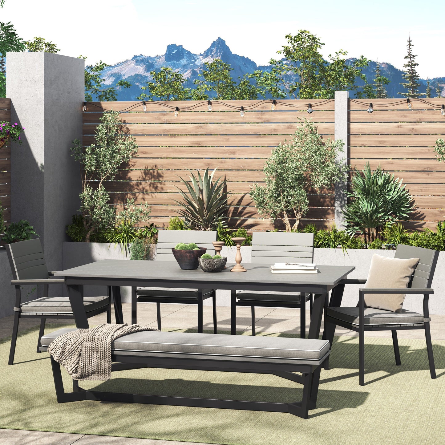 Set da pranzo per esterni Corvus Orville da 6 pezzi in alluminio con piano del tavolo in WPC