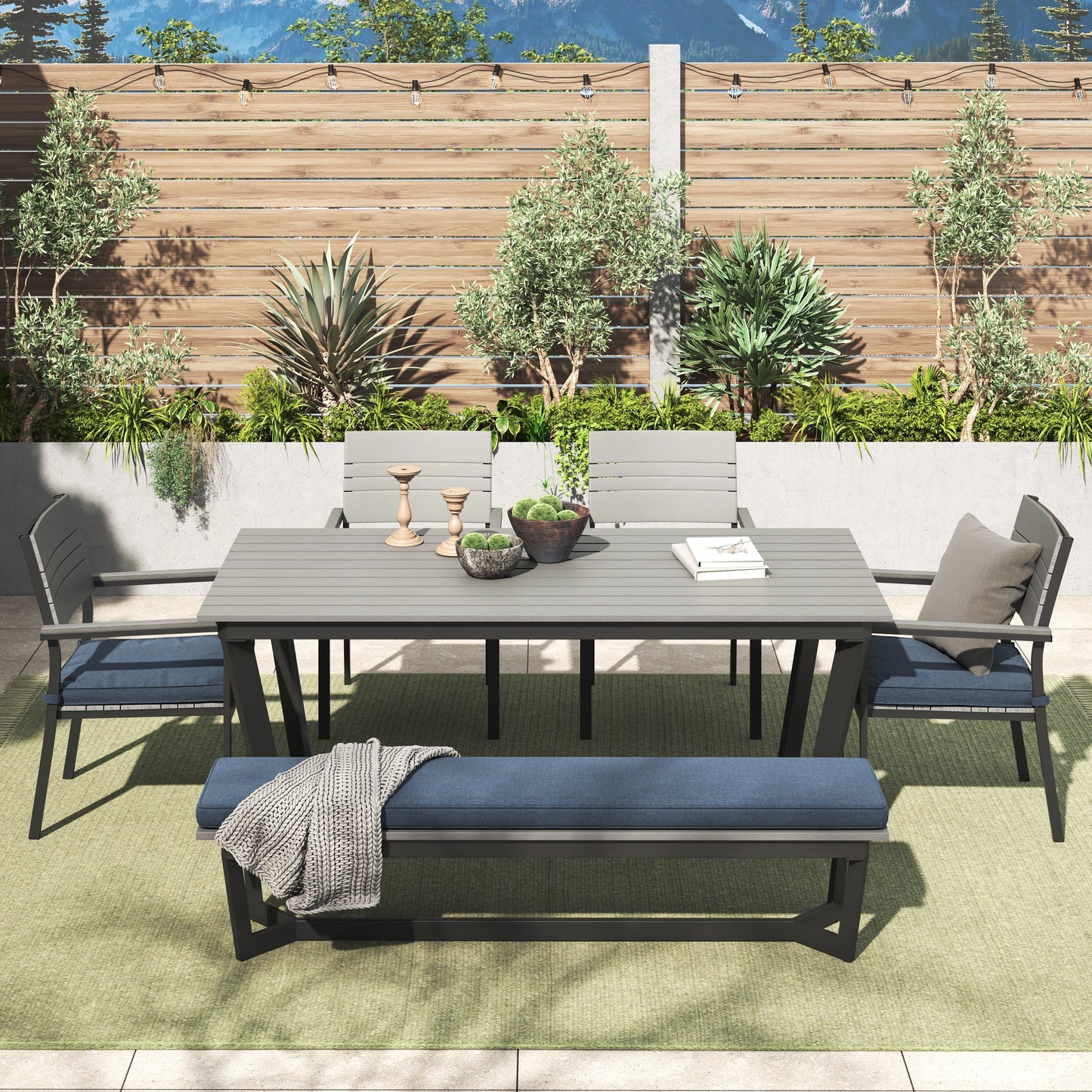 Set da pranzo per esterni Corvus Orville da 6 pezzi in alluminio con piano del tavolo in WPC