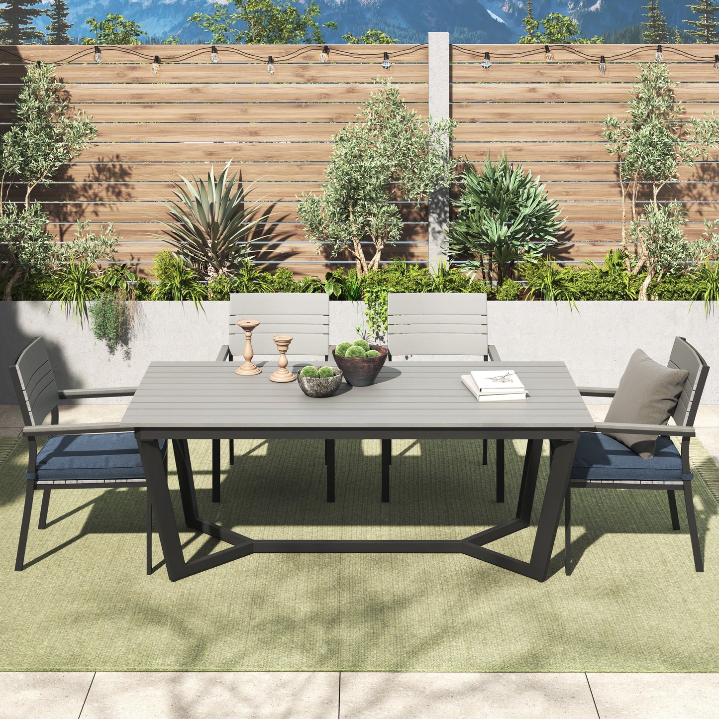 Set da pranzo per esterni Corvus Orville da 6 pezzi in alluminio con piano del tavolo in WPC