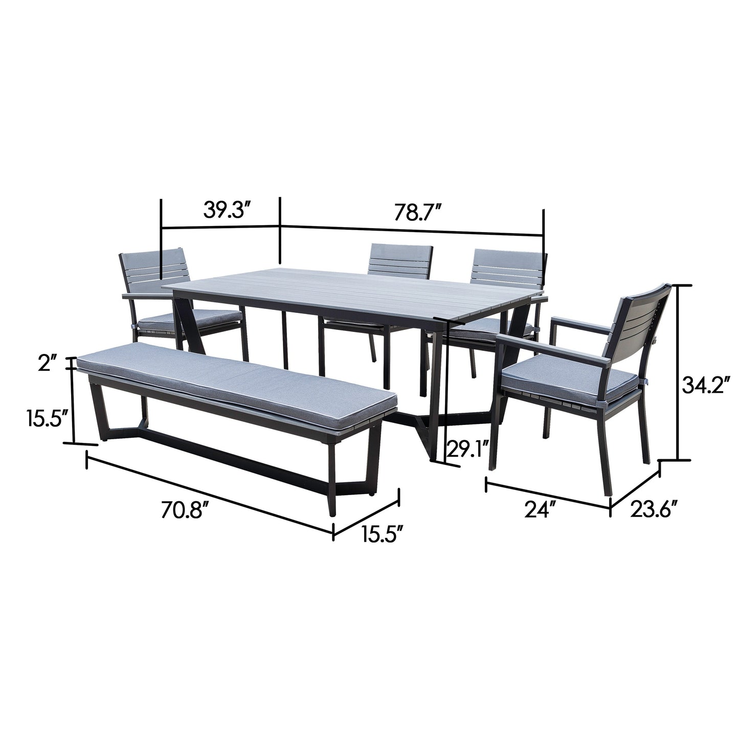 Set da pranzo per esterni Corvus Orville da 6 pezzi in alluminio con piano del tavolo in WPC