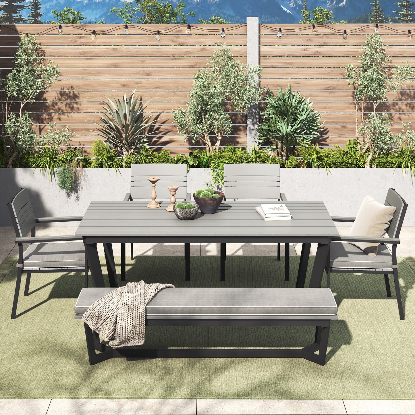 Set da pranzo per esterni Corvus Orville da 6 pezzi in alluminio con piano del tavolo in WPC