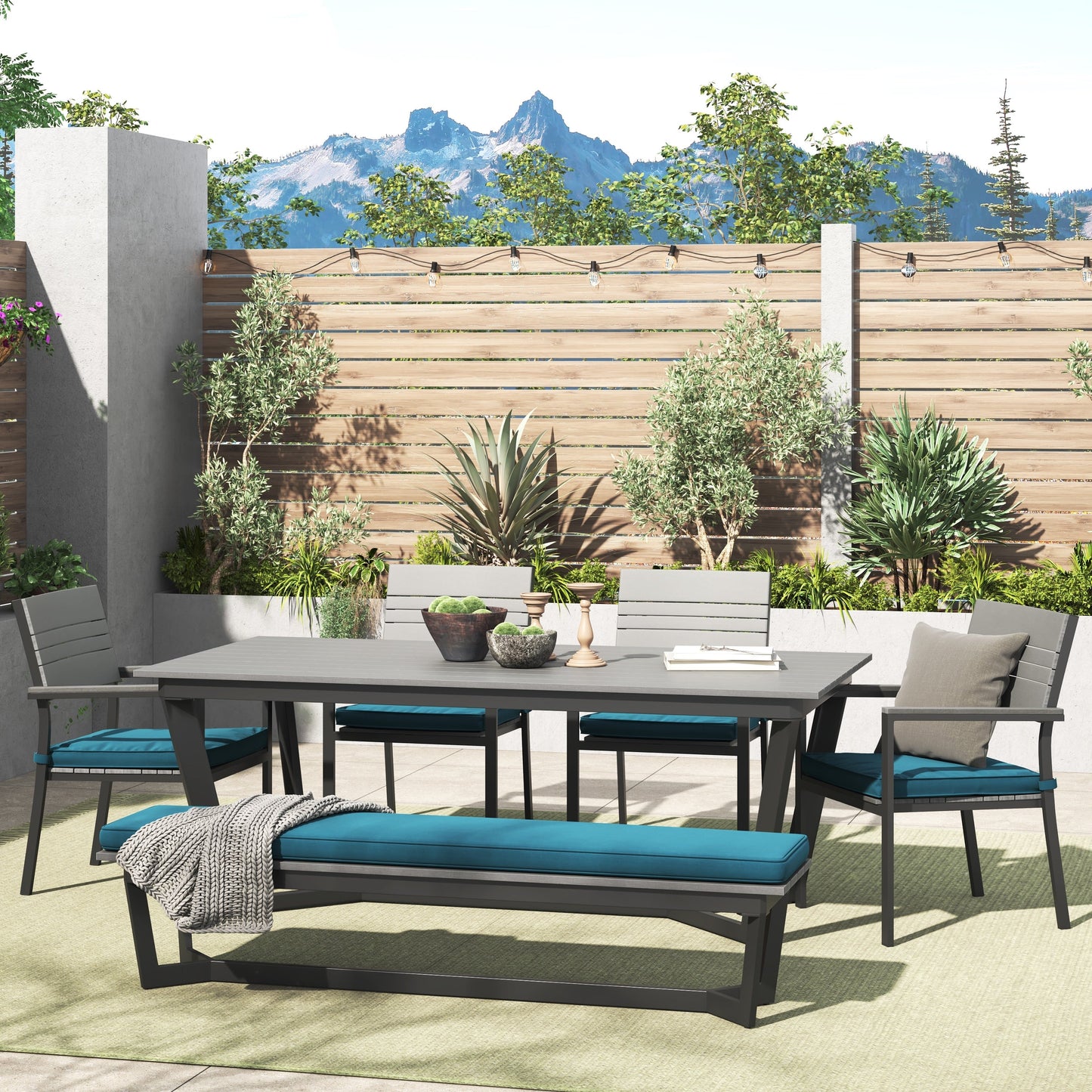 Set da pranzo per esterni Corvus Orville da 6 pezzi in alluminio con piano del tavolo in WPC