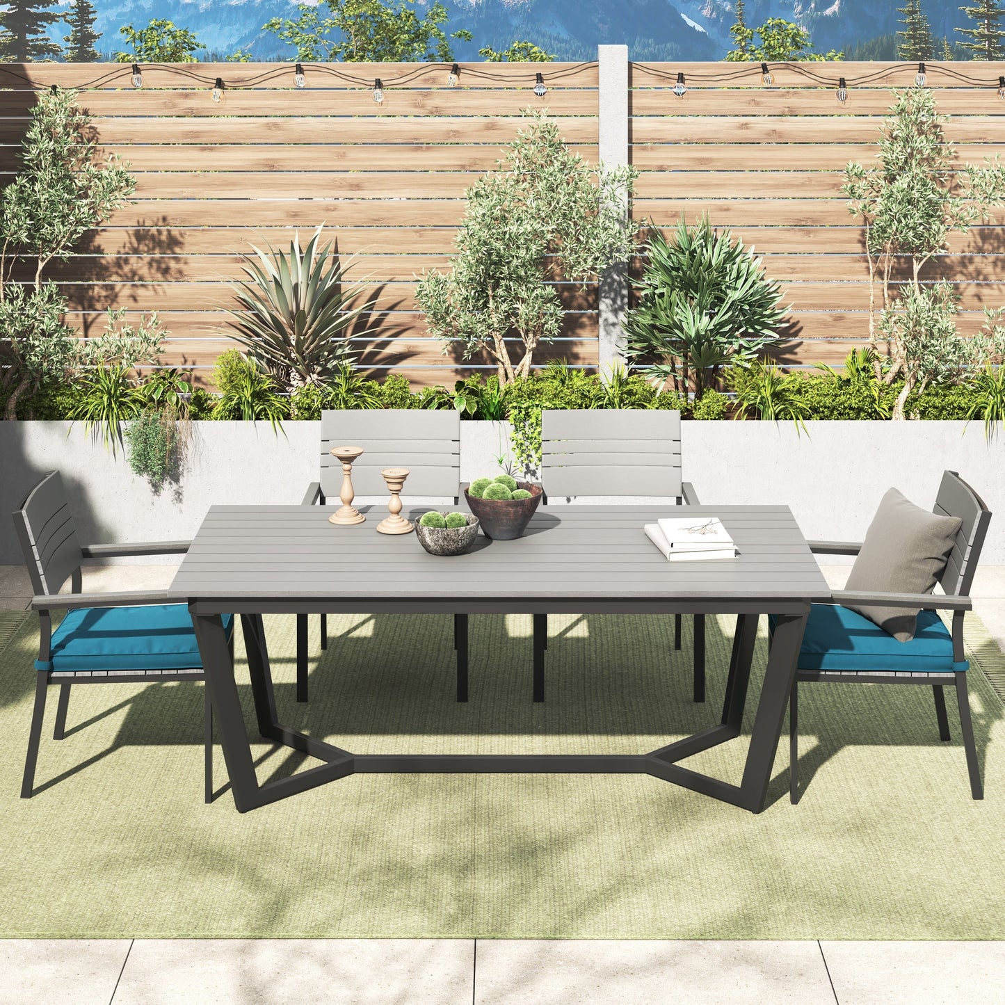 Set da pranzo per esterni Corvus Orville da 6 pezzi in alluminio con piano del tavolo in WPC