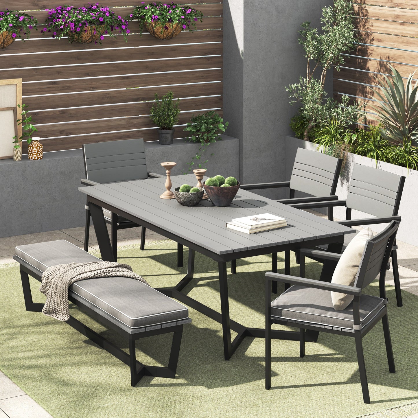 Set da pranzo per esterni Corvus Orville da 6 pezzi in alluminio con piano del tavolo in WPC