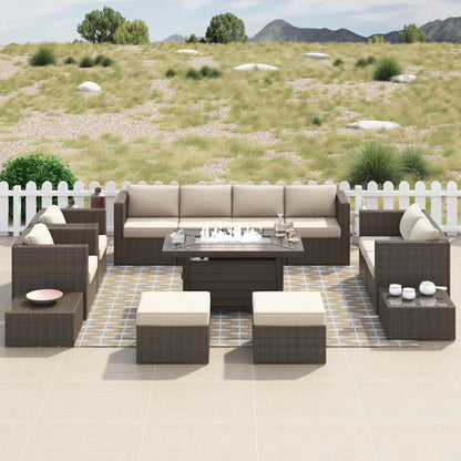 Set di mobili da giardino componibili in vimini intrecciato Corvus Trey da 13 pezzi con tavolo da fuoco