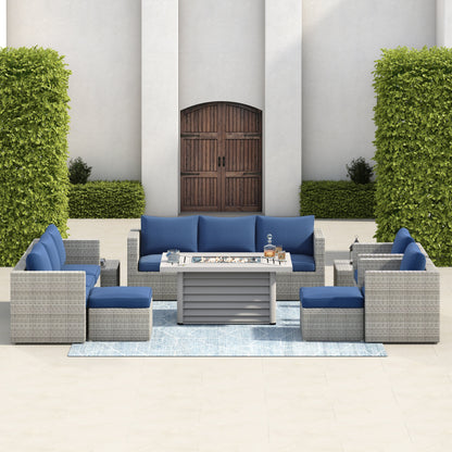 Set di mobili da giardino componibili in vimini intrecciato Corvus Trey da 13 pezzi con tavolo da fuoco