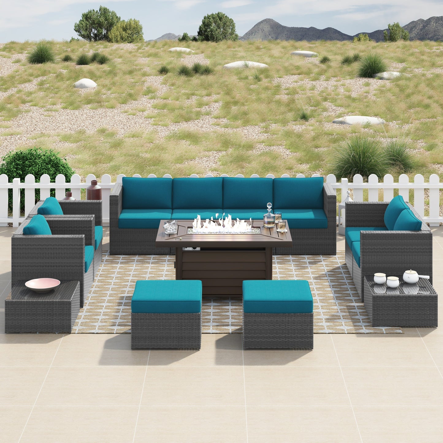 Set di mobili da giardino componibili in vimini intrecciato Corvus Trey da 13 pezzi con tavolo da fuoco