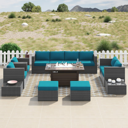 Set di mobili da giardino componibili in vimini intrecciato Corvus Trey da 13 pezzi con tavolo da fuoco