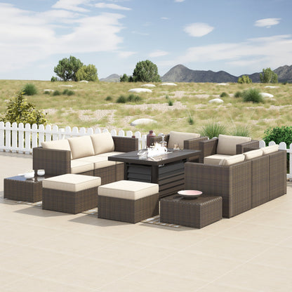 Set di mobili da giardino componibili in vimini intrecciato Corvus Trey da 13 pezzi con tavolo da fuoco