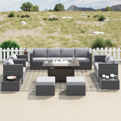 Set di mobili da giardino componibili in vimini intrecciato Corvus Trey da 13 pezzi con tavolo da fuoco