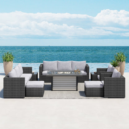 Set di mobili da giardino componibili in vimini intrecciato Corvus Trey da 13 pezzi con tavolo da fuoco