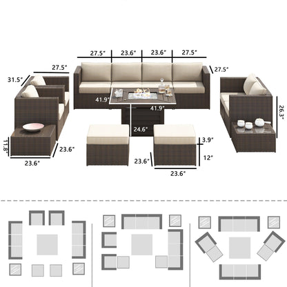 Set di mobili da giardino componibili in vimini intrecciato Corvus Trey da 13 pezzi con tavolo da fuoco