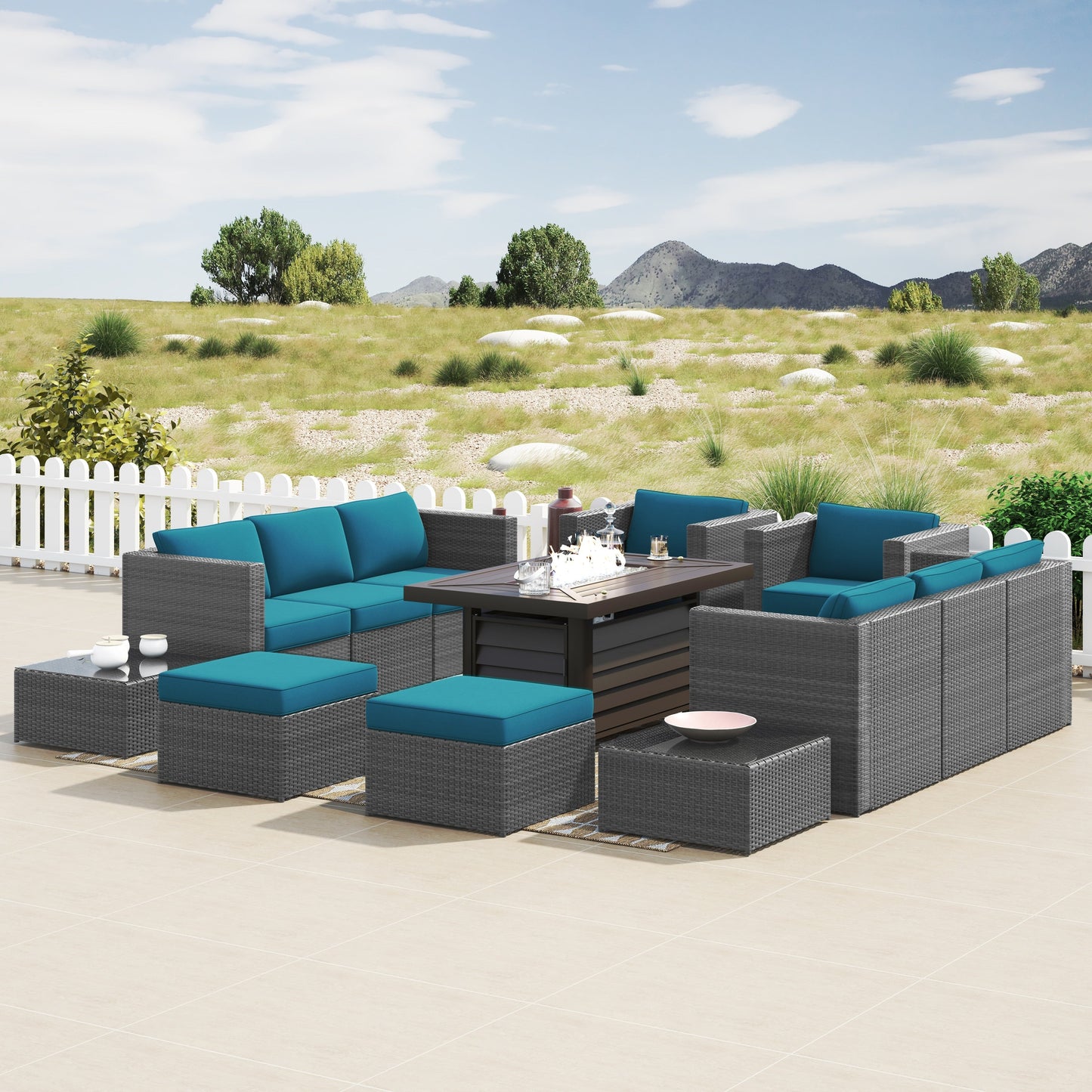 Set di mobili da giardino componibili in vimini intrecciato Corvus Trey da 13 pezzi con tavolo da fuoco