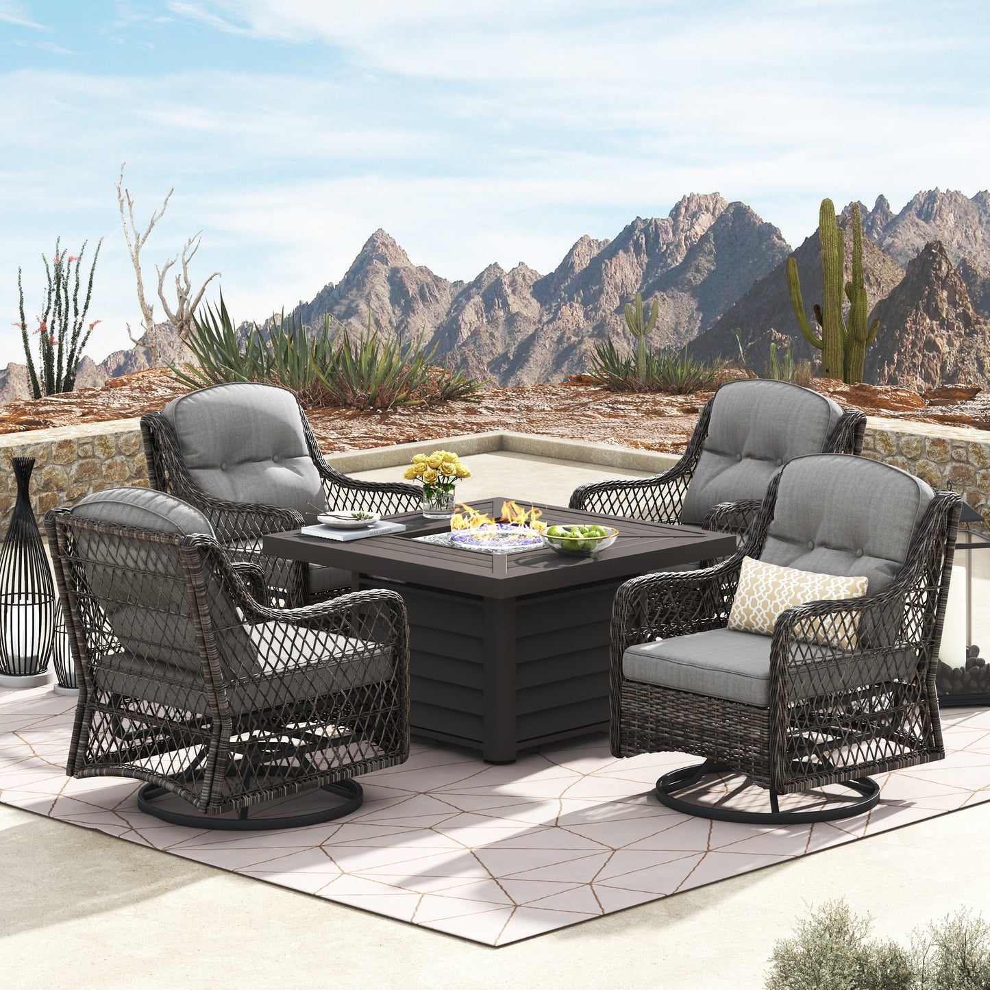 Corvus Vasconia 5 pezzi set girevole in resina e vimini per esterni con tavolo da fuoco