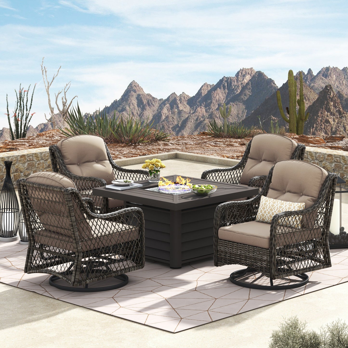 Corvus Vasconia 5 pezzi set girevole in resina e vimini per esterni con tavolo da fuoco