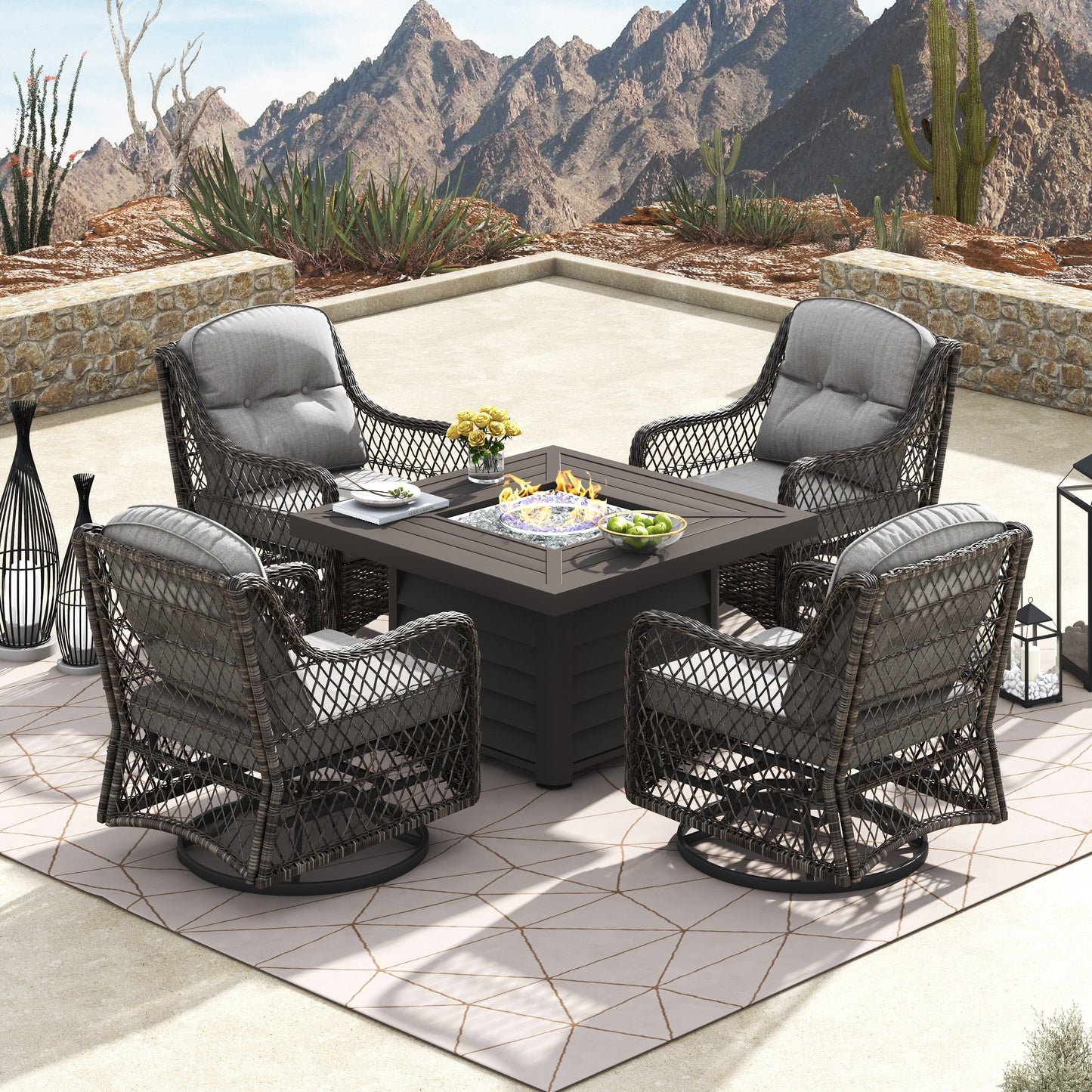 Corvus Vasconia 5 pezzi set girevole in resina e vimini per esterni con tavolo da fuoco