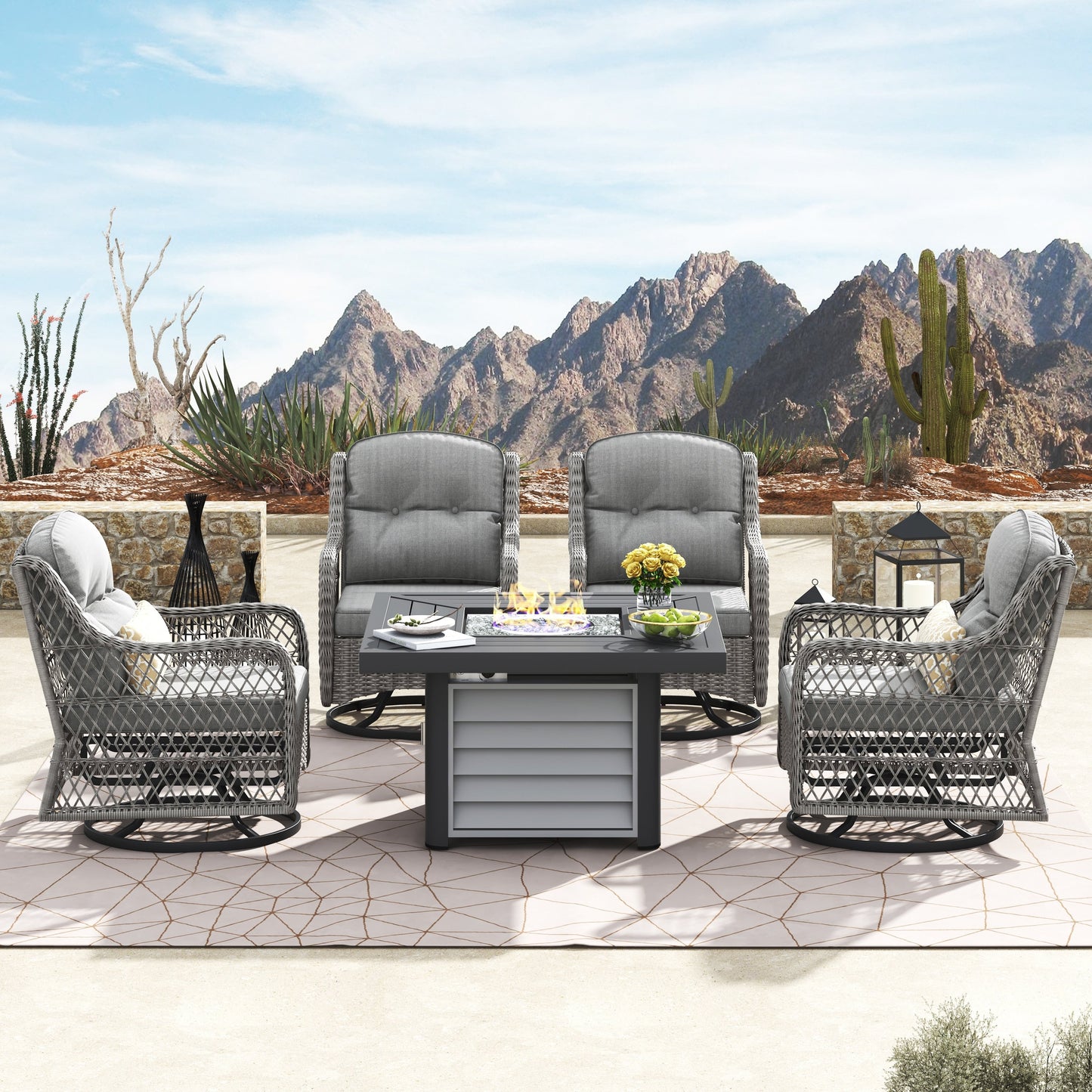 Corvus Vasconia 5 pezzi set girevole in resina e vimini per esterni con tavolo da fuoco