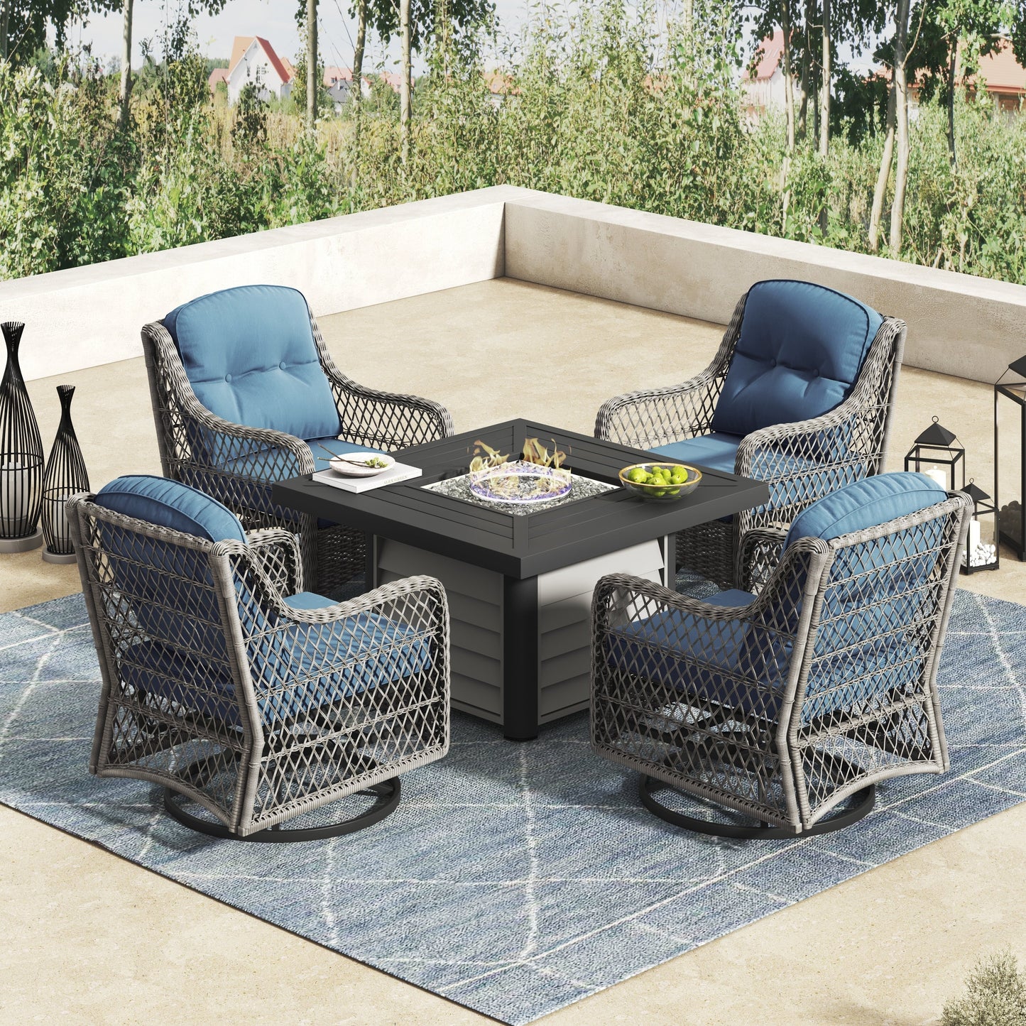 Corvus Vasconia 5 pezzi set girevole in resina e vimini per esterni con tavolo da fuoco