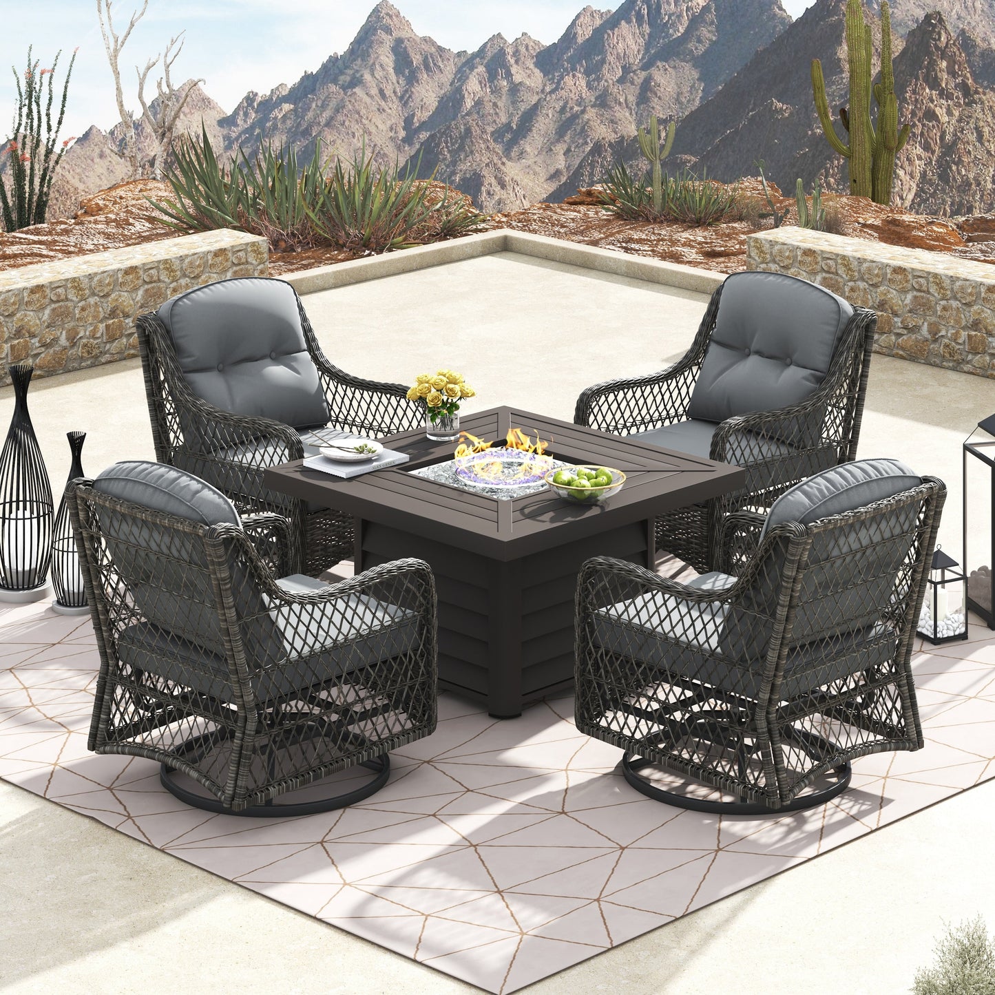 Corvus Vasconia 5 pezzi set girevole in resina e vimini per esterni con tavolo da fuoco