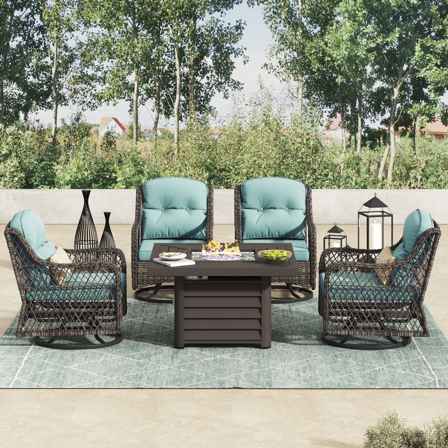 Corvus Vasconia 5 pezzi set girevole in resina e vimini per esterni con tavolo da fuoco
