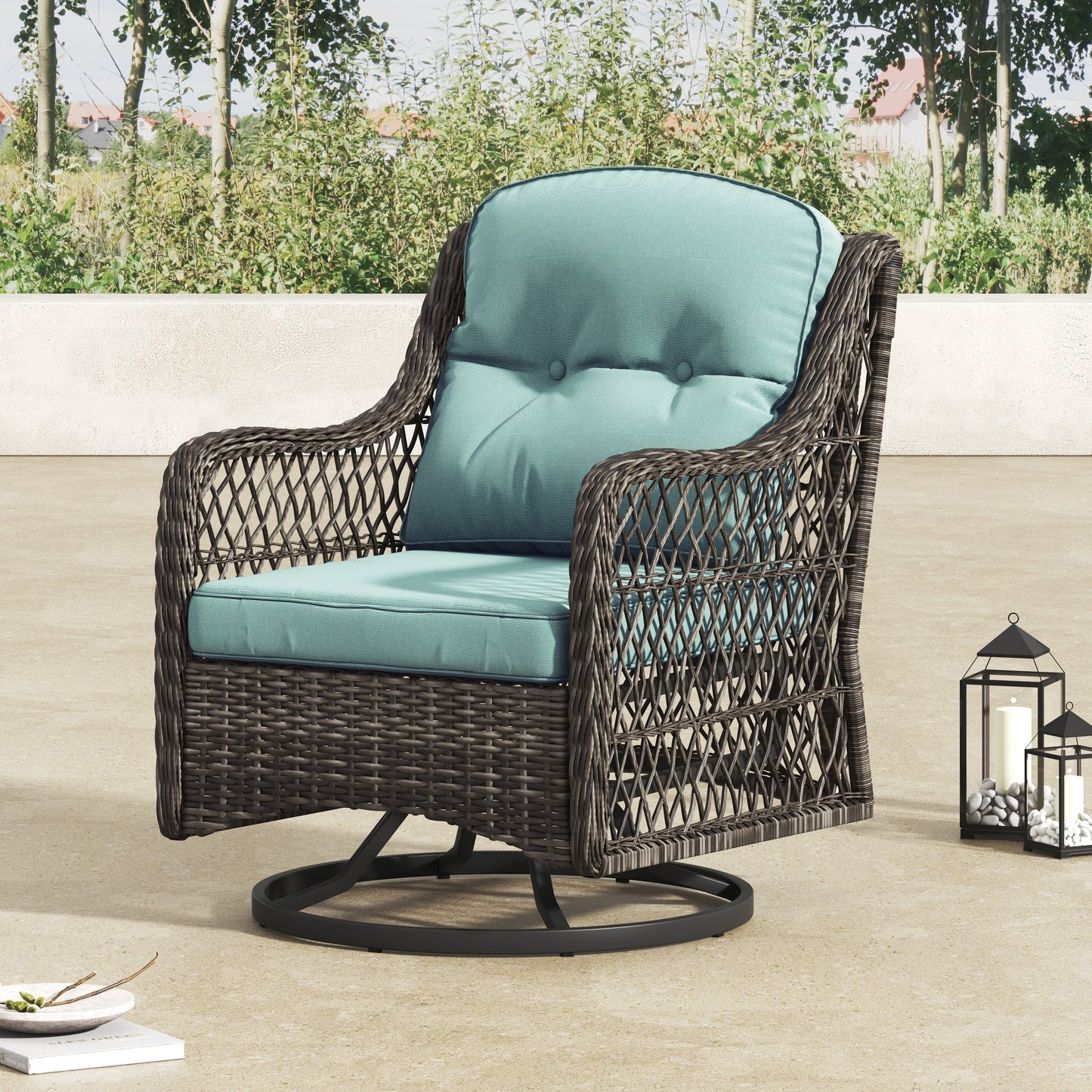 Corvus Vasconia 5 pezzi set girevole in resina e vimini per esterni con tavolo da fuoco