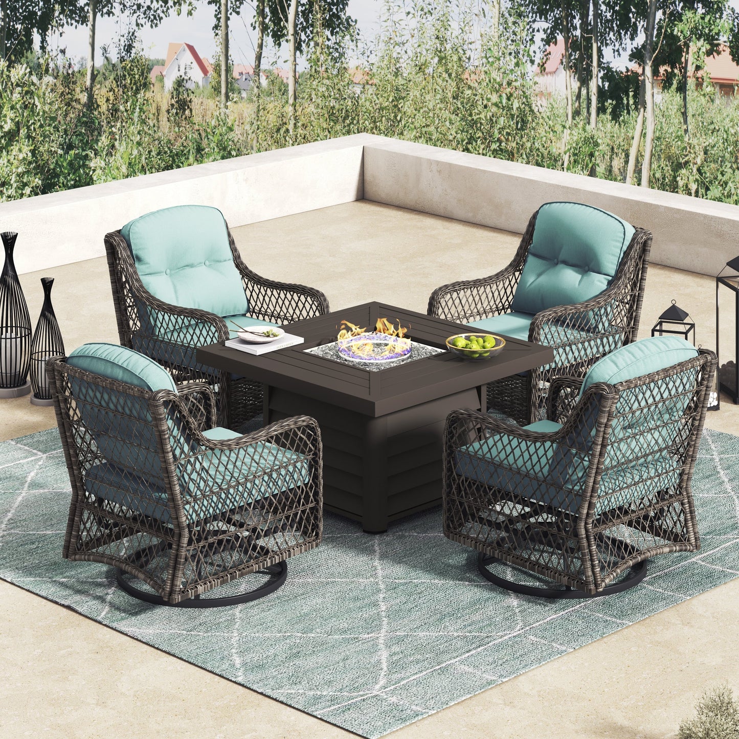Corvus Vasconia 5 pezzi set girevole in resina e vimini per esterni con tavolo da fuoco