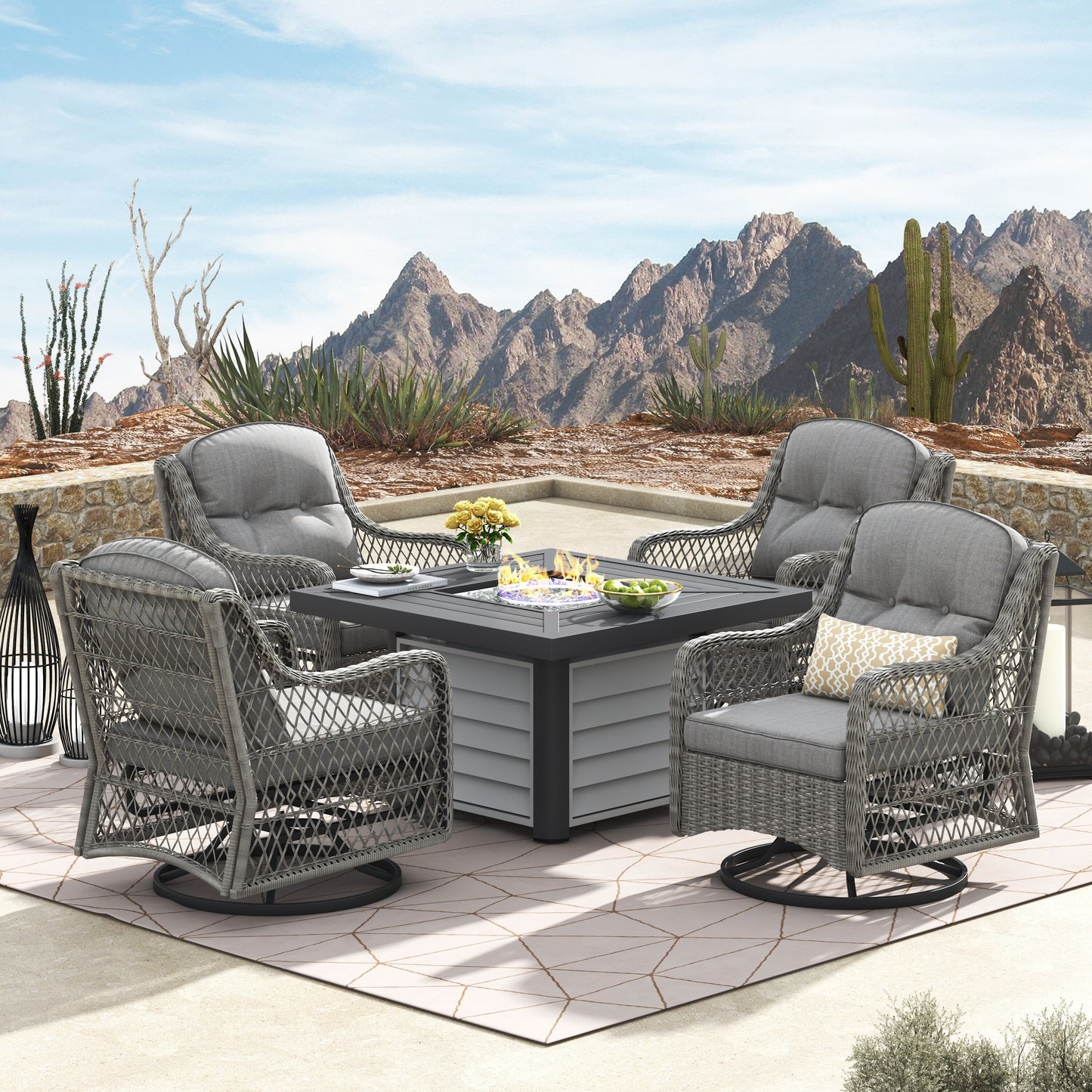 Corvus Vasconia 5 pezzi set girevole in resina e vimini per esterni con tavolo da fuoco