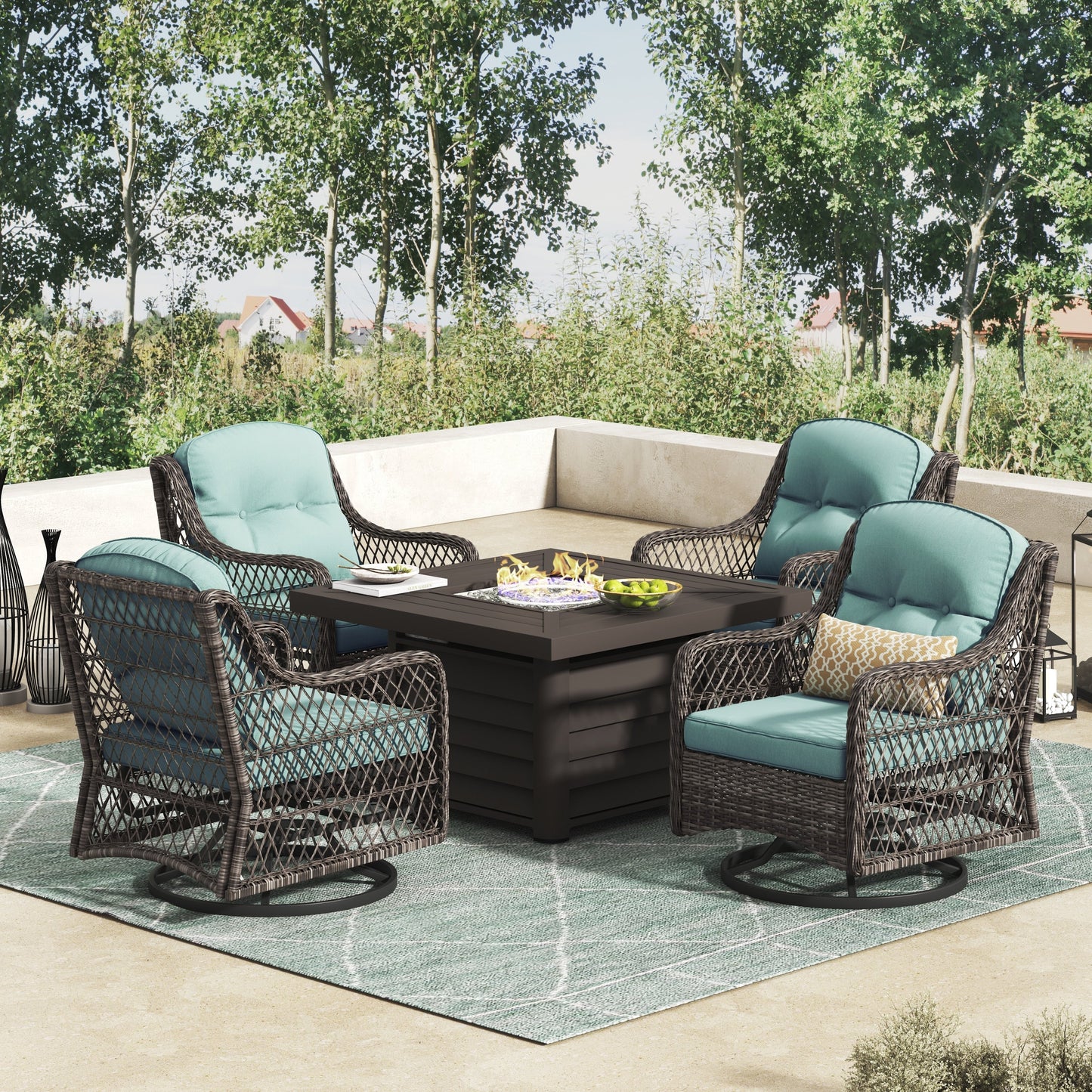 Corvus Vasconia 5 pezzi set girevole in resina e vimini per esterni con tavolo da fuoco