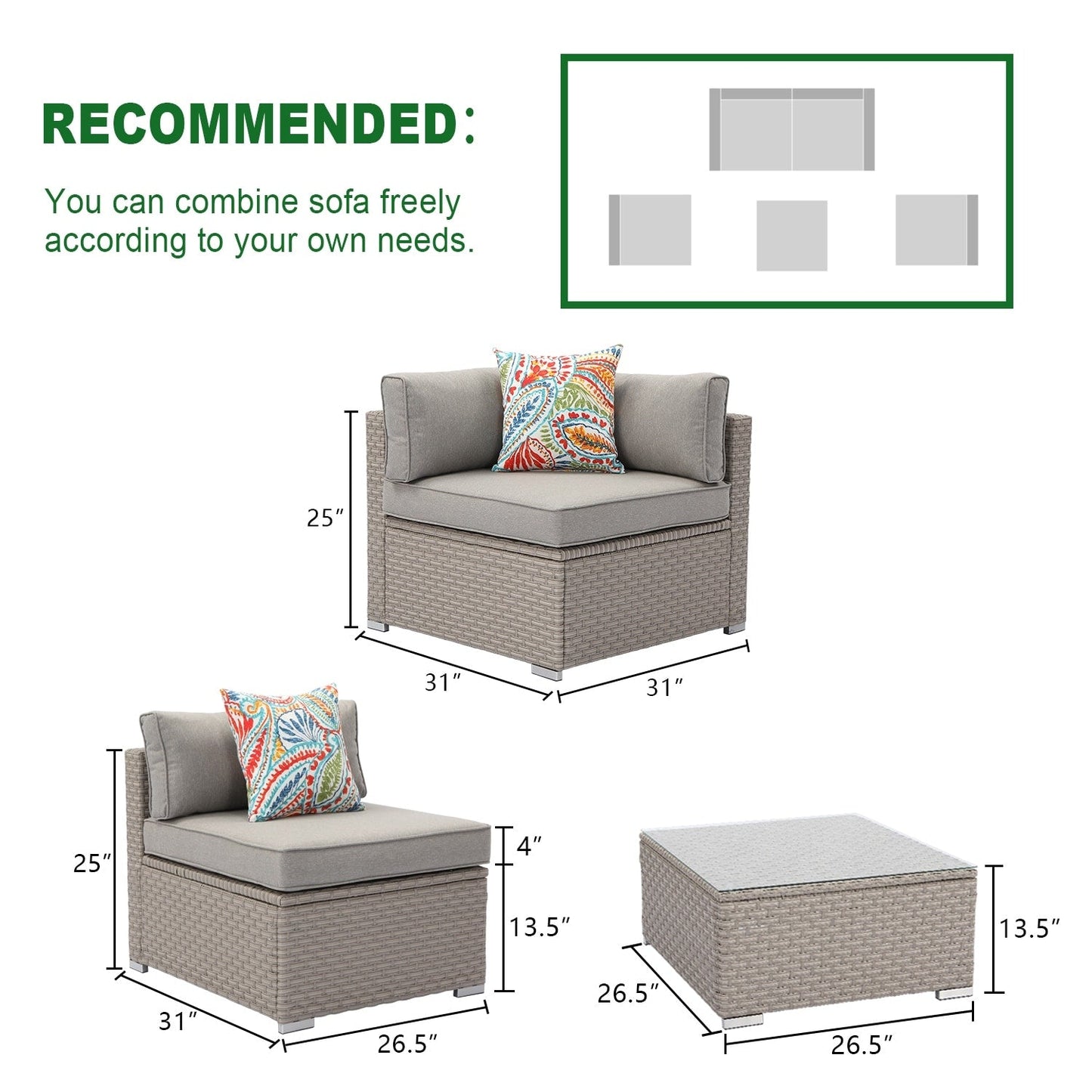 Set di mobili da esterno in vimini da 5 pezzi più accogliente con tavolino da caffè