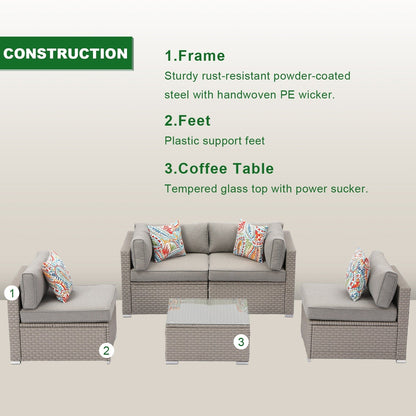 Set di mobili da esterno in vimini da 5 pezzi più accogliente con tavolino da caffè