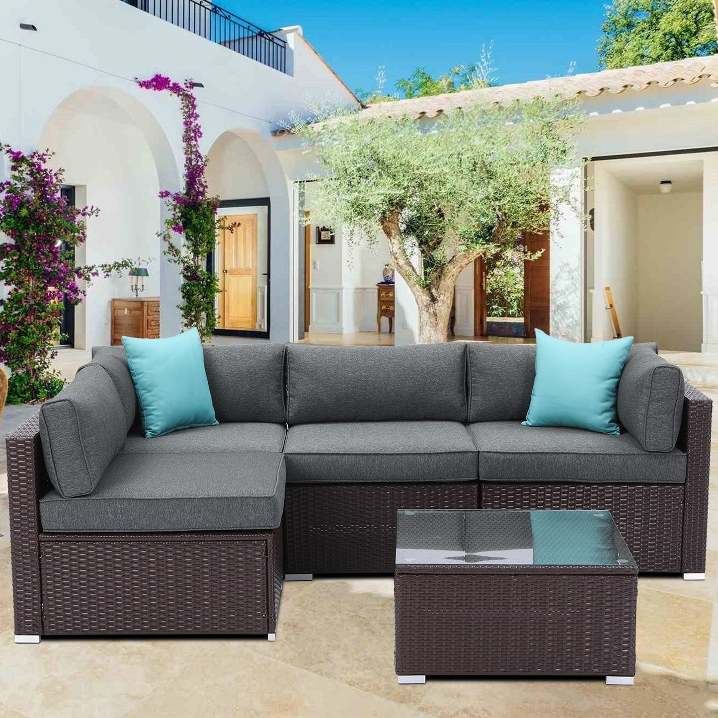 Set di mobili da esterno in vimini da 5 pezzi più accogliente con tavolino da caffè