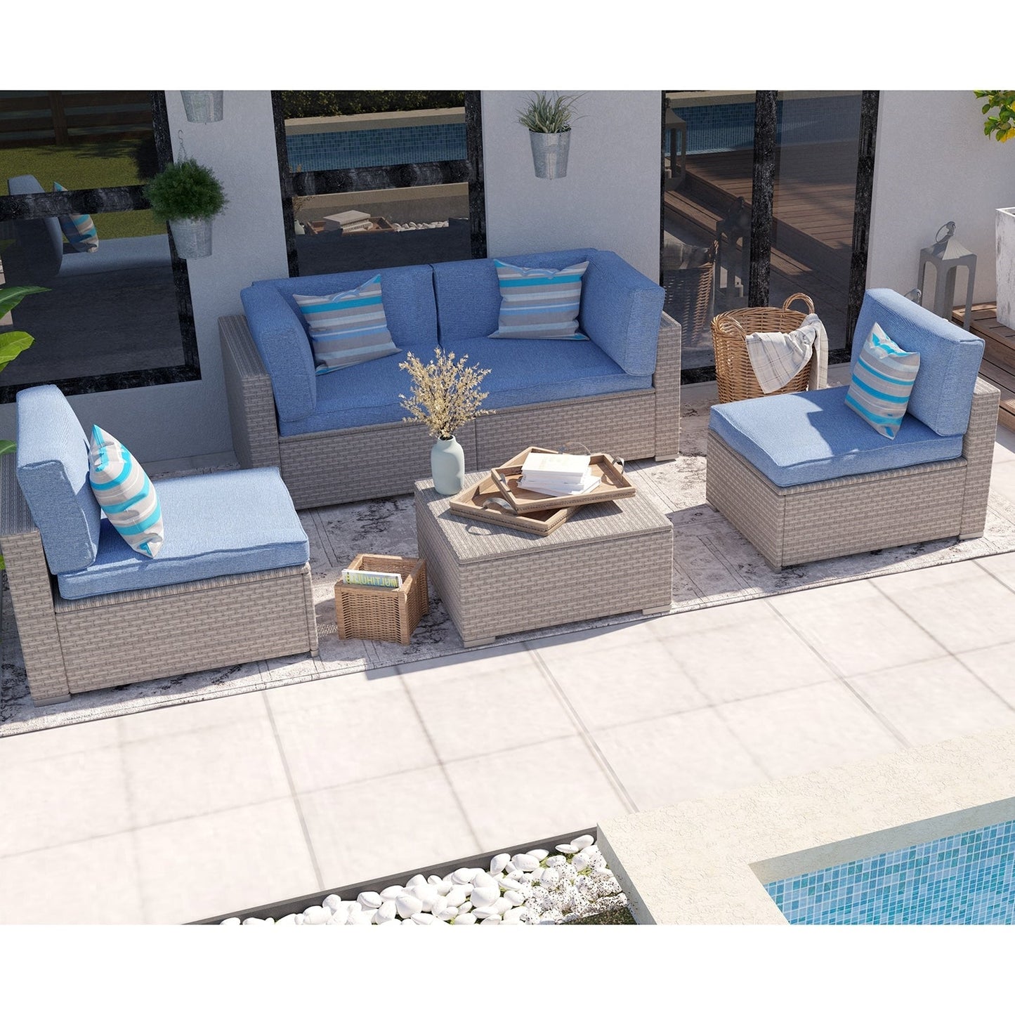 Set di mobili da esterno in vimini da 5 pezzi più accogliente con tavolino da caffè