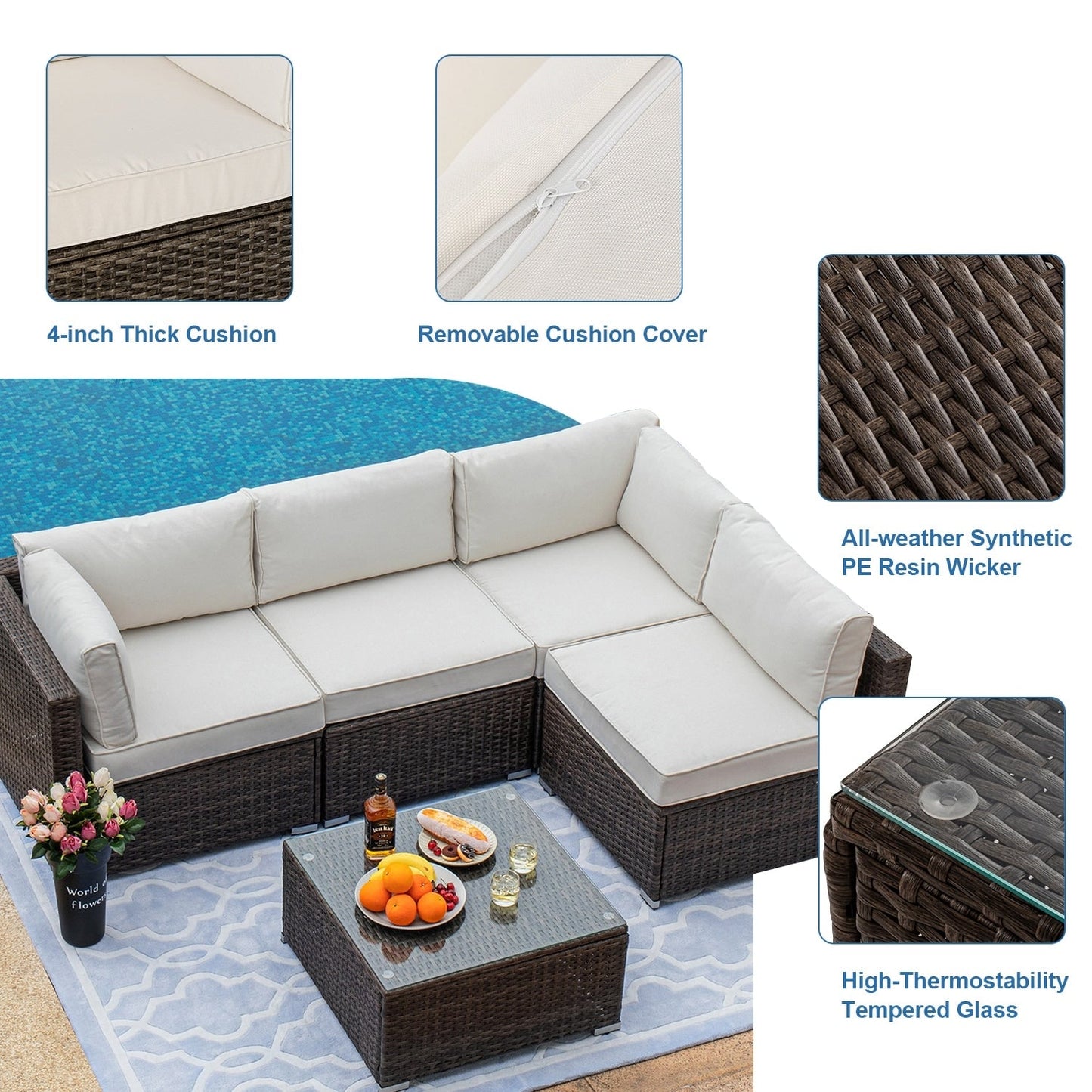 Set di mobili da esterno in vimini da 5 pezzi più accogliente con tavolino da caffè