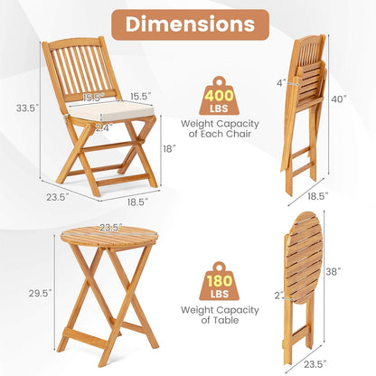 Set da bistrot da giardino in legno di acacia, 3 pezzi, tavolo pieghevole e sedie - Vedi dettagli