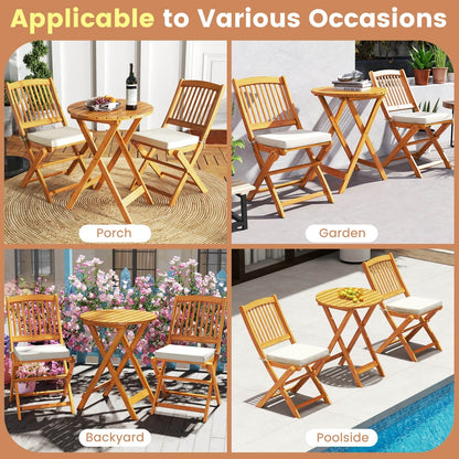 Set da bistrot da giardino in legno di acacia, 3 pezzi, tavolo pieghevole e sedie - Vedi dettagli