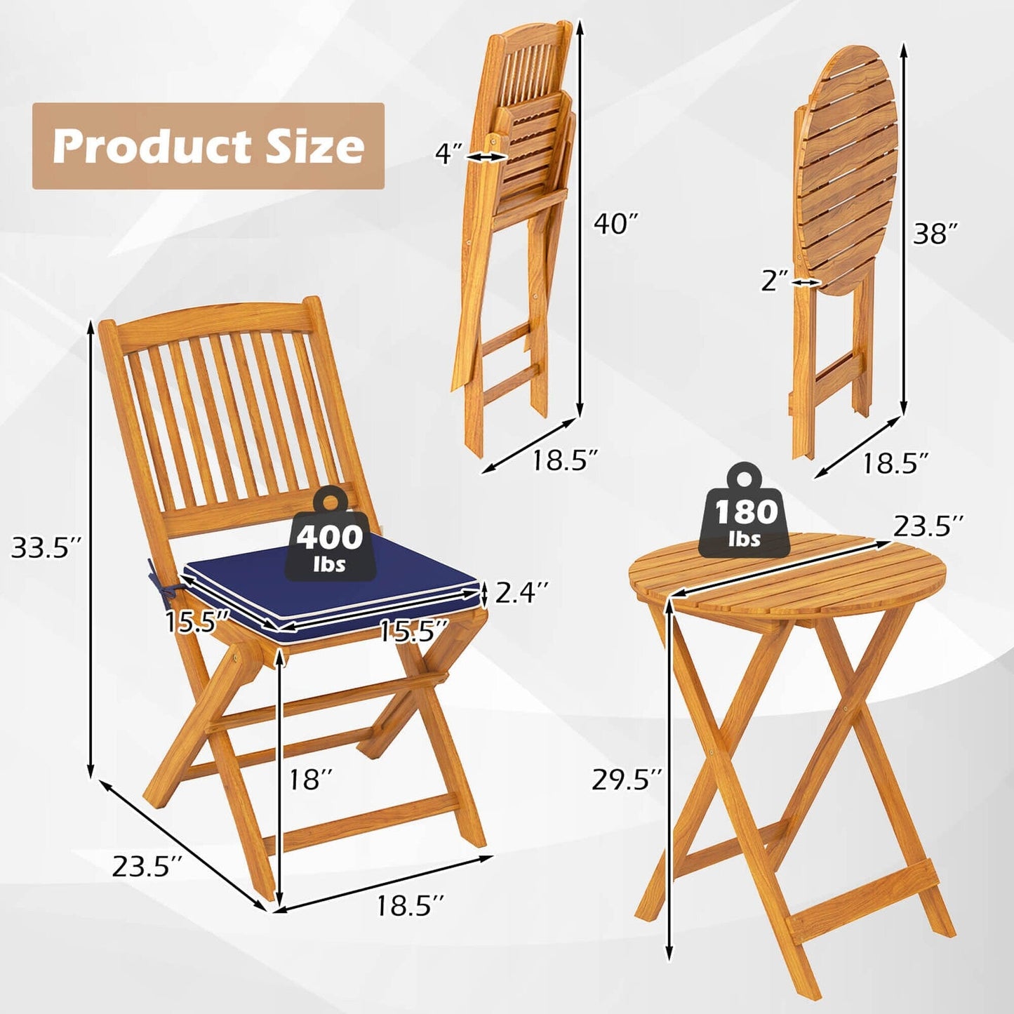 Set da bistrot da giardino in legno di acacia, 3 pezzi, tavolo pieghevole e sedie - Vedi dettagli