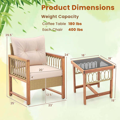 Set di mobili da giardino Costway da 3 pezzi in vimini PE per esterni Conversation - Vedi dettagli